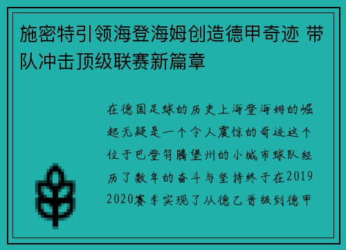 施密特引领海登海姆创造德甲奇迹 带队冲击顶级联赛新篇章