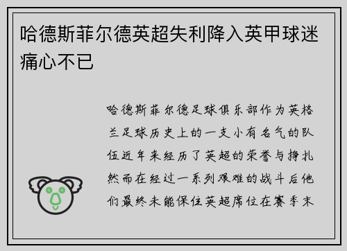 哈德斯菲尔德英超失利降入英甲球迷痛心不已